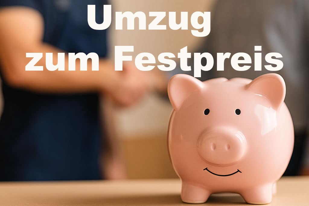 Ein Umzugshelfer gibt einem Kunden die Hand, im Hintergrund leicht verwaschen dargestellt. Im Vordergrund steht ein rosafarbenes Sparschwein – Symbol für einen fair kalkulierten Festpreis beim Umzug.
