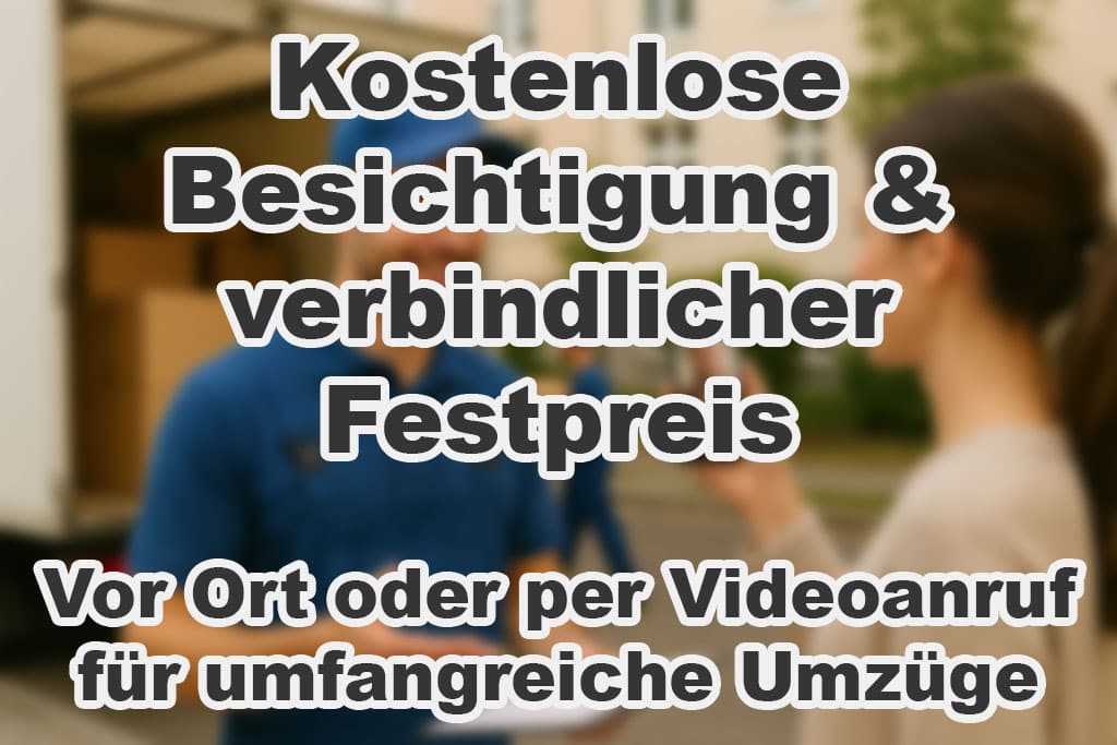 Mitarbeiter einer Umzugsfirma bespricht mit einer Kundin den verbindlichen Festpreis für einen umfangreichen Umzug – professioneller Service vor Ort oder per Videoanruf.